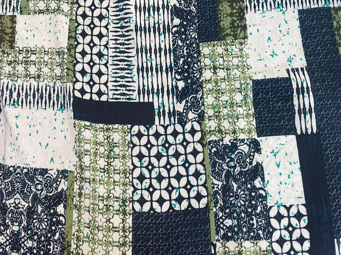 Textured Lightweight Cotton - Patchwork Print - Blue, White & Green