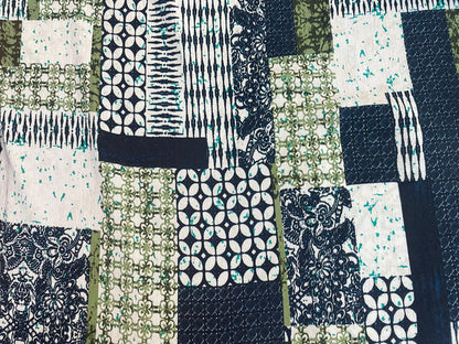 Textured Lightweight Cotton - Patchwork Print - Blue, White & Green