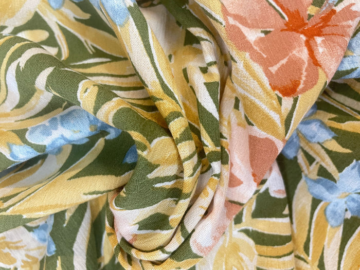 Textured Lightweight Cotton - Tropical Floral - Olive, Yellow & Blue