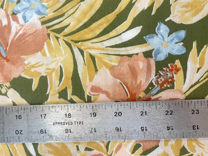 Textured Lightweight Cotton - Tropical Floral - Olive, Yellow & Blue