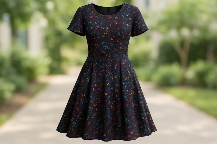 a detailed dress in light outdoor with A delightful rayon featuring a&nbsp;trendy black and rainbow splatter print with excellent lengthwise stretch. It boasts a great shape and quality, ideal for crafting pants, dresses, tops, skirts, and jackets.&nbsp;&nbsp;