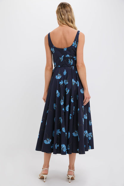 Blue Flowers on Navy Mona Midi Dress