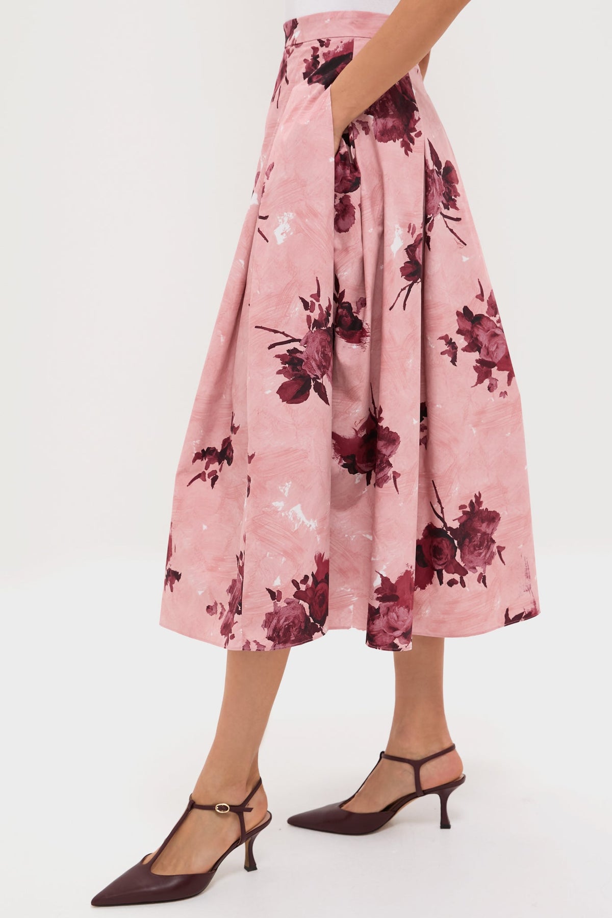 Abstract Rose Slipper Pink Pleated Midi Skirt